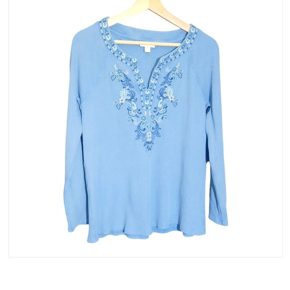 J. Jill Womens Blue Henley V-Neck Embroidered Design Long Sleeve Top Size M